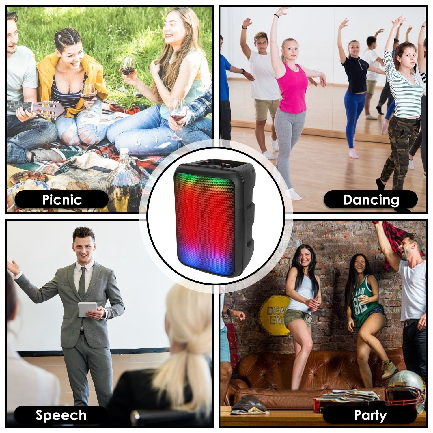 1Pc Portable Wireless Party Speaker 8in Colorful Lights DJ PA System With TWS Function FM Radio USB MMC Card Reading Aux In Recording Function Mic