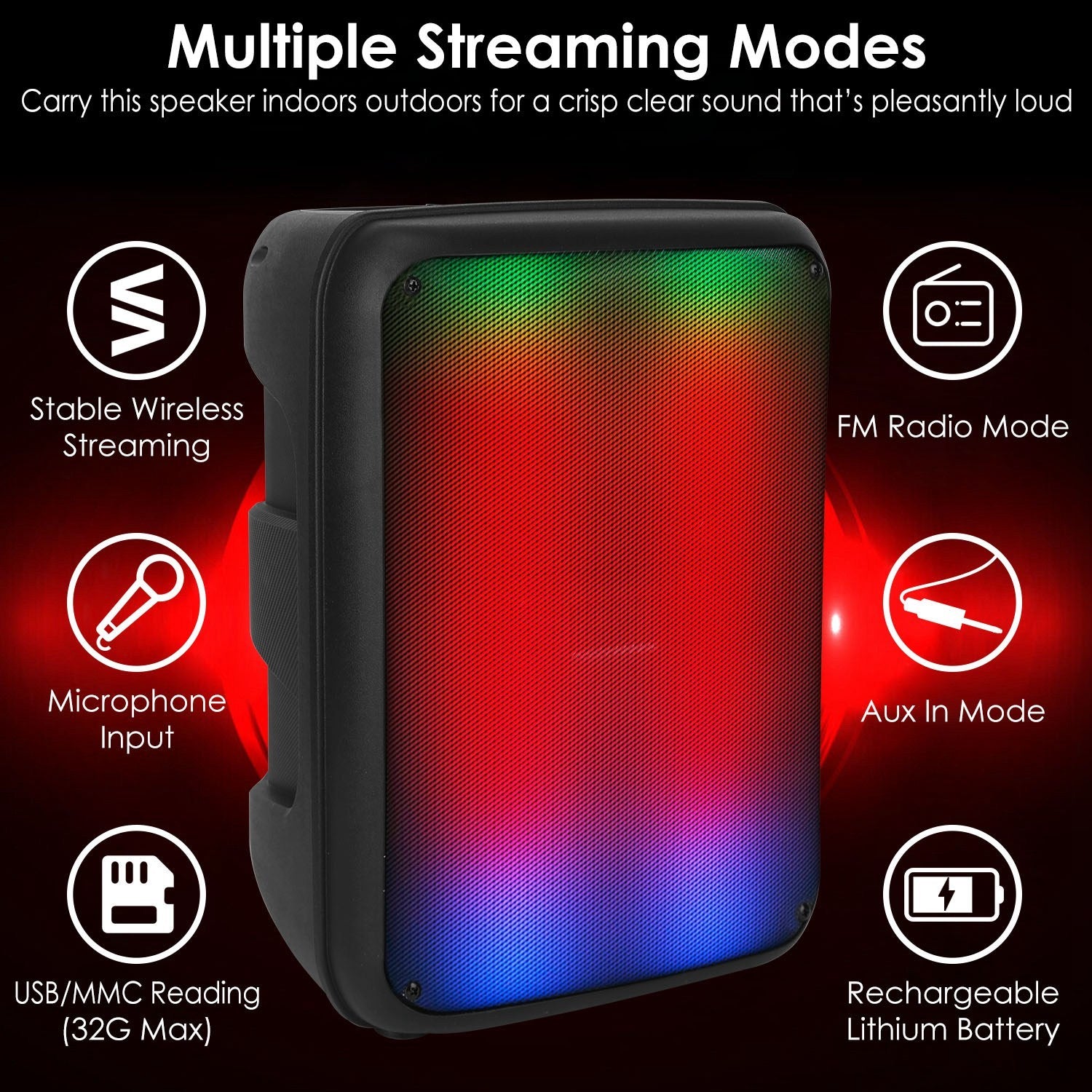 1Pc Portable Wireless Party Speaker 8in Colorful Lights DJ PA System With TWS Function FM Radio USB MMC Card Reading Aux In Recording Function Mic